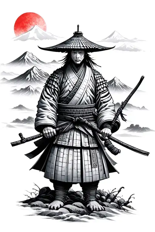 japanese mountain landscape with samurai and in junji ito style  tattoo design idea