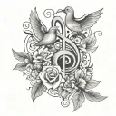 music key with music notes, flowers, 3 doves tattoo design idea