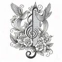 music key with music notes, flowers, 3 doves tattoo design idea