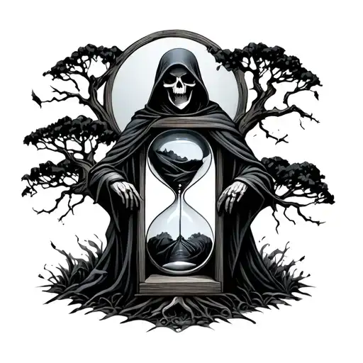Grim reaper, trees, hourglass, creepy yard, gothic tattoo design idea
