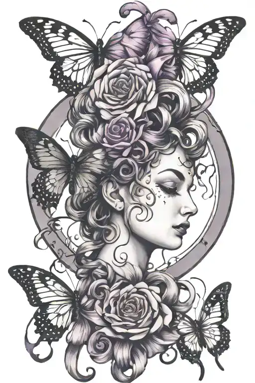 semicolon, medusa, broken mirror, purple ribbon, butterflys tattoo design idea