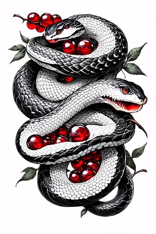 Sleeve, several pieces of black and white snakes with garnets cut in half with red berries tattoo design idea