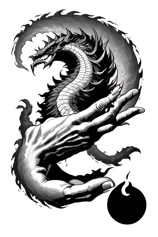 Creation of Adam only the hands reaching out portion of it with Shenron from DBZ swirling around it in a tattoo aestheti tattoo design idea