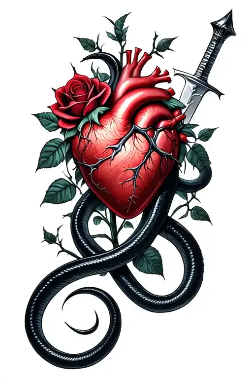 Dagger piercing a realistic heart ensnared by black roses with thorns. A black mamba coiled around the heart tattoo design idea