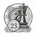 circular tattoo of a king chess piece with the number 23 incorperated into the piece tattoo design idea