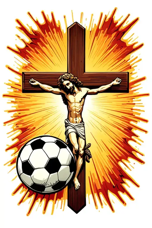 soccer ball beside a cross with jesus on it tattoo design idea