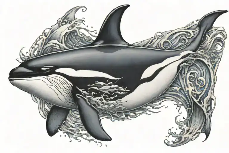 A male orca fish whose back becomes a sea and a fin is a boat  tattoo design idea
