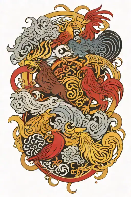 Tattoo depicting Ragnarök.  A battle between 2 vikings, 1 living & 1 dead. 3 rooster 1 golden and 2 red tattoo design idea