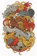 Tattoo depicting Ragnarök.  A battle between 2 vikings, 1 living & 1 dead. 3 rooster 1 golden and 2 red tattoo design idea