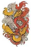 Tattoo depicting Ragnarök.  A battle between 2 vikings, 1 living & 1 dead. 3 rooster 1 golden and 2 red tattoo design idea