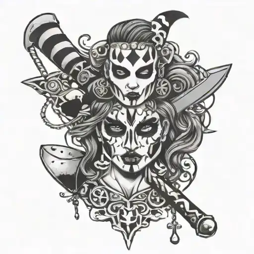  a juggalette with intricate face paint and a hatchet necklace tattoo design idea