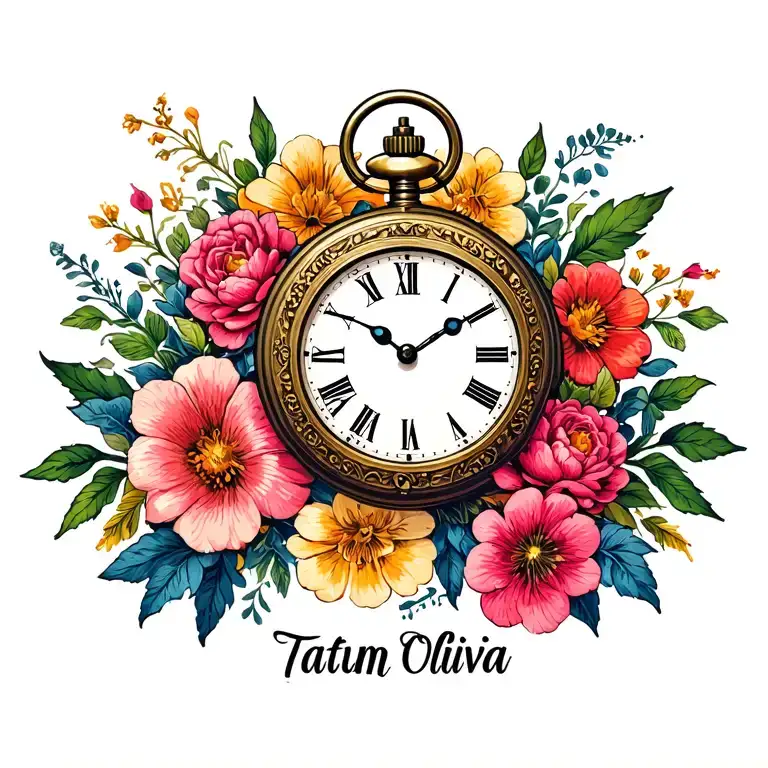 "Tatum Olivia" pocket watch clock surrounded with flowers tattoo design idea