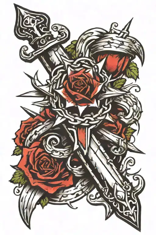 Sword with nails as the handle and a crown of thorns on top tattoo design idea