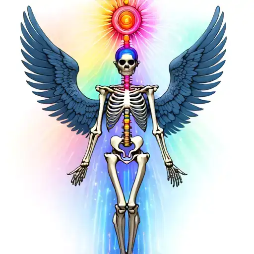 Chakras along the axial skeleton with wings spread tattoo design idea