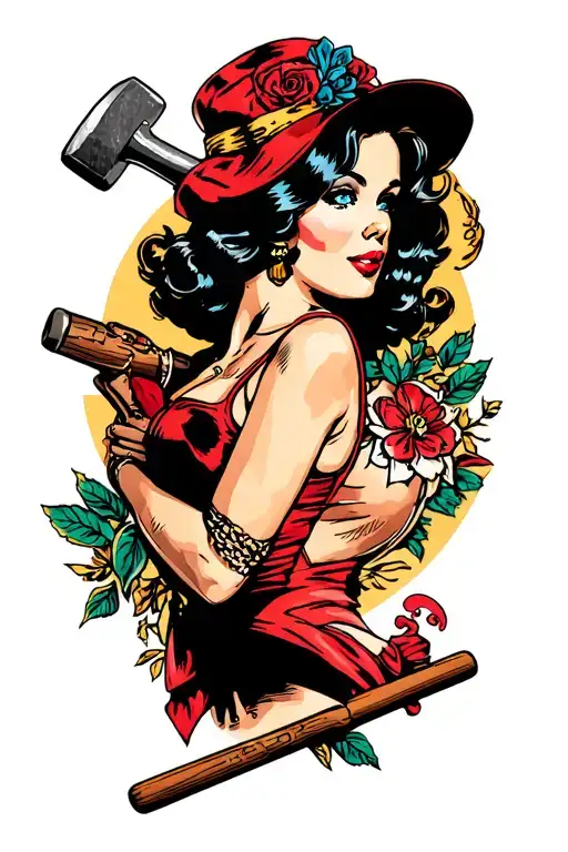 sledgehammer and pinup girl tattoo design idea