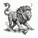 A majestic lion swimming in the ocean at sunrise tattoo design idea