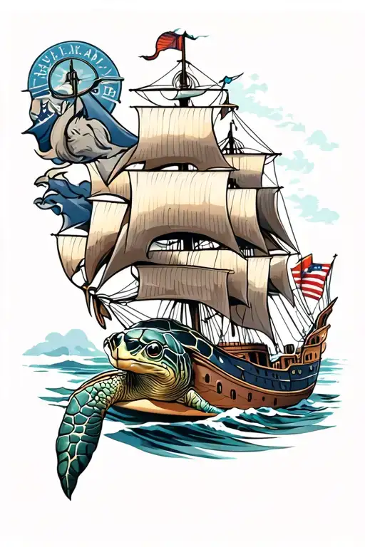 navy shellback turtle with a ship sailing tattoo design idea