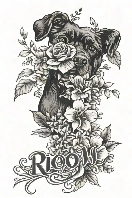 February birth flowers bouquet with dog paw and the name rio integrated into it tattoo design idea