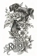 February birth flowers bouquet with dog paw and the name rio integrated into it tattoo design idea