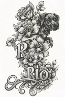 February birth flowers bouquet with dog paw and the name rio integrated into it tattoo design idea