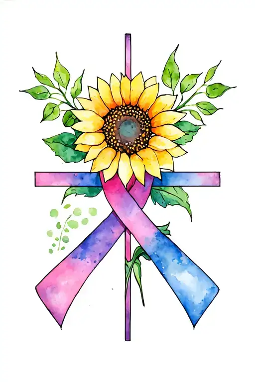 sunflower and cross with 2 cancer ribbons tattoo design idea