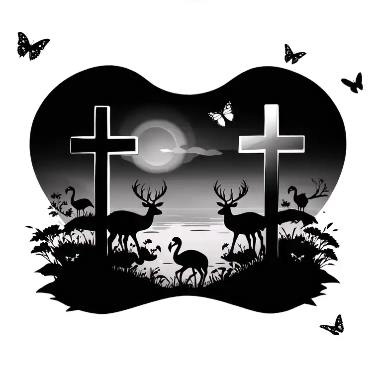 three crosses on a hill overlooking a pond surrounded by deer, flamingoes, butterflies  tattoo design idea