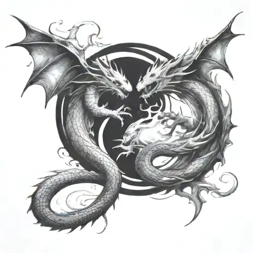 Sketch of two dragons in as Ying Yang blowing fire at each other in the shape of a broken heart tattoo design idea