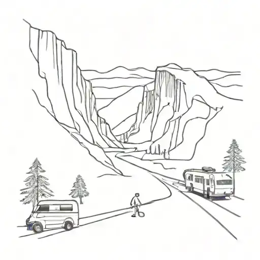 motorhome road trip scene with yosemite and sequoia references and golden gate  tattoo design idea