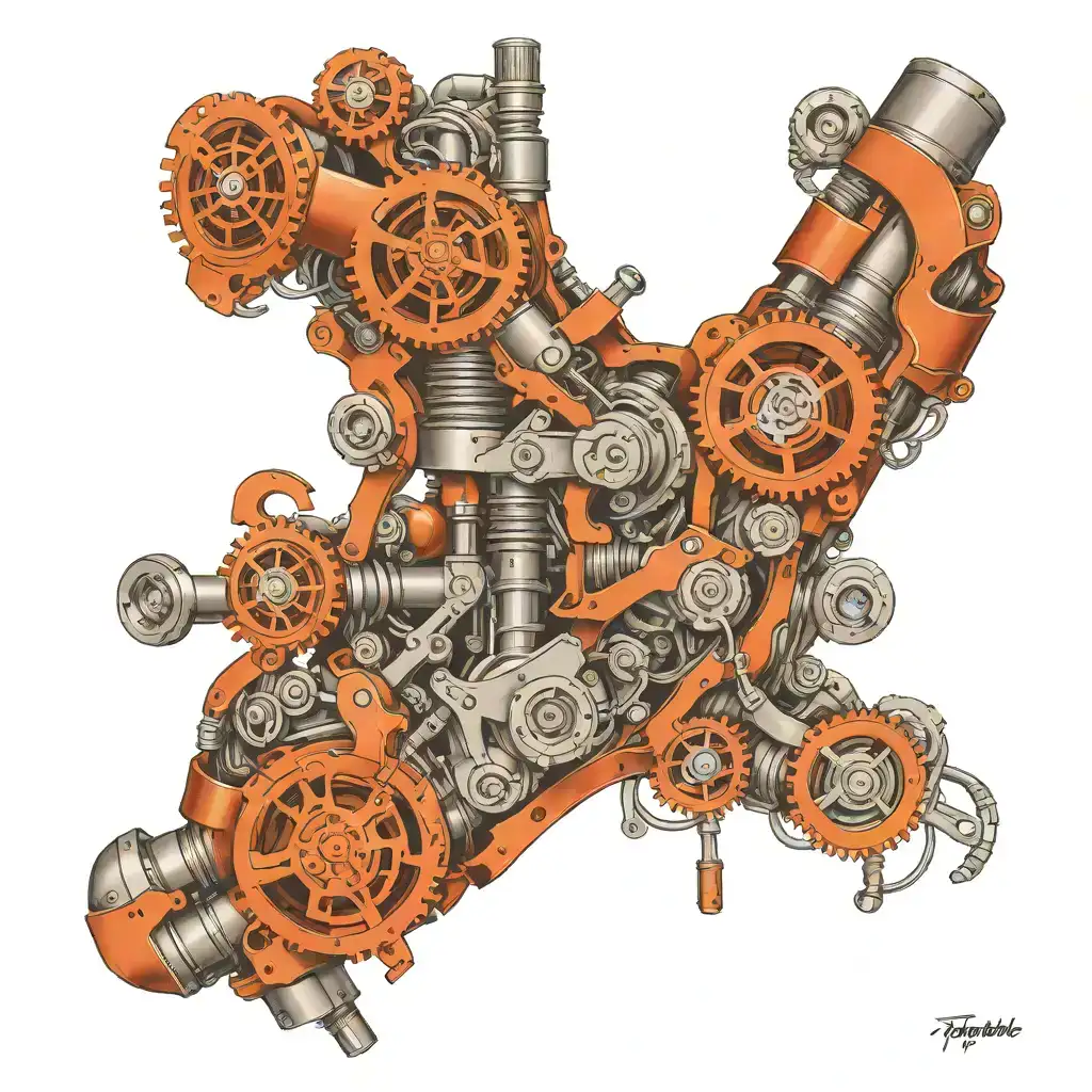 A biomechanical tattoo on the forearm featuring realistic metallic components, pistons, and wiring integrated into the body. The design has a 3D effect with the skin wrapped around the mechanical parts, showing depth and intricate detailing, blending organic and mechanical elements with subtle red accents for contrast. tattoo design idea