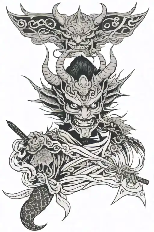 samurai, japanese dragon, oni mask, lycoris radiata tattoo design idea