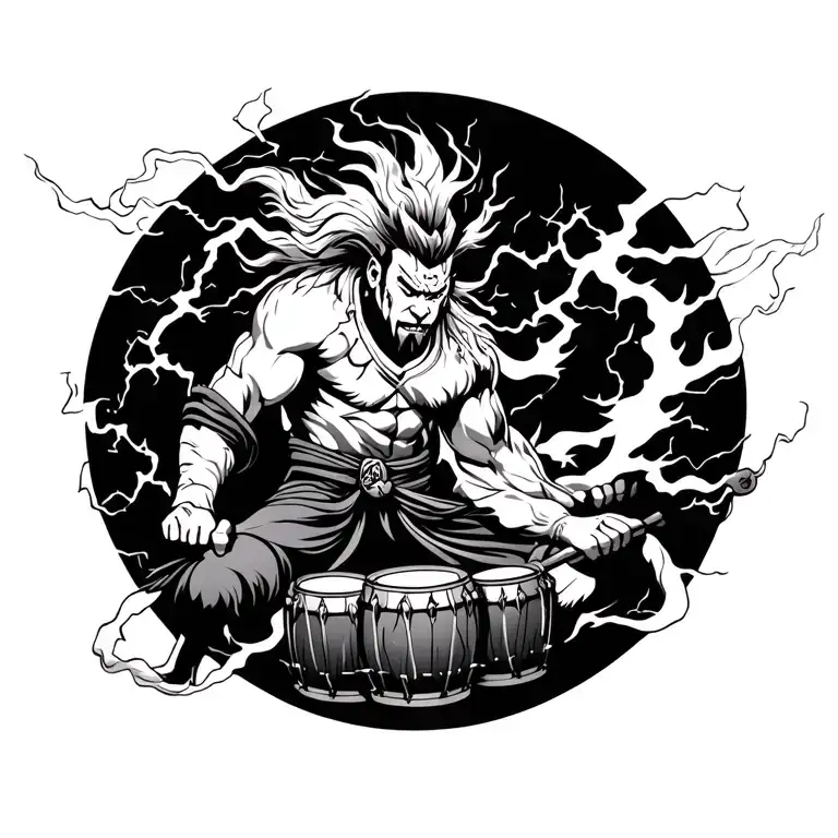 Black and white Japanese tattoo design of Raijin and Fujin. Raijin beating his thunder drums with intense lightning swir tattoo design idea