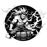 Black and white Japanese tattoo design of Raijin and Fujin. Raijin beating his thunder drums with intense lightning swir tattoo design idea