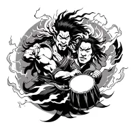 Black and white Japanese tattoo design of Raijin and Fujin. Raijin beating his thunder drums with intense lightning swir tattoo design idea