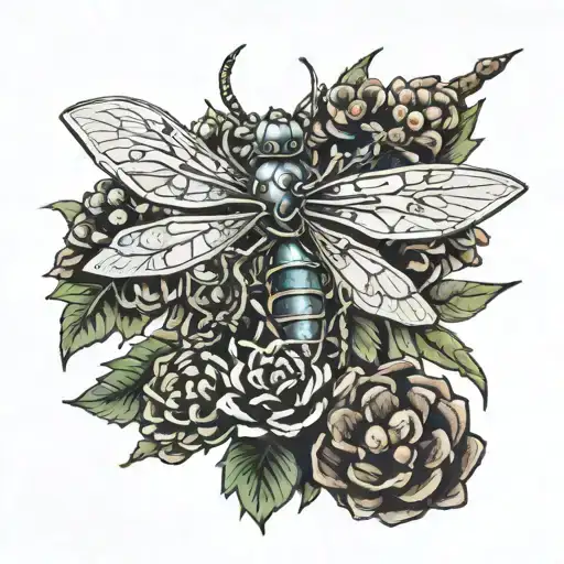 mechanical robot dragonfly landing on a pinecone tattoo design idea
