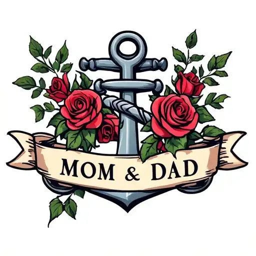 anchor with banner   mom and dad wrapped and roses tattoo design idea