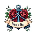 anchor with banner   mom and dad wrapped and roses tattoo design idea