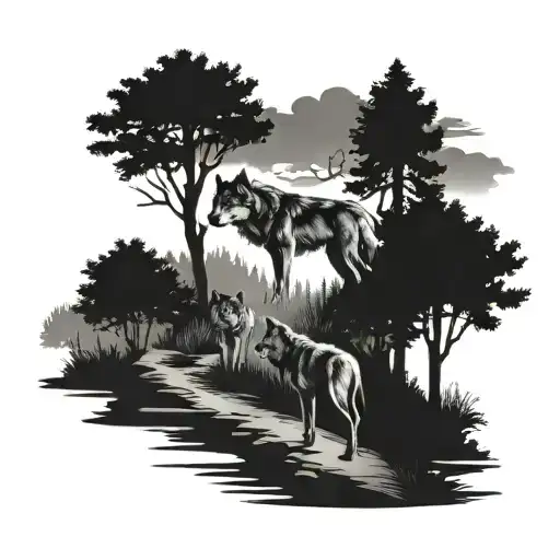 nature trees wolves pathway leading to lake tattoo design idea