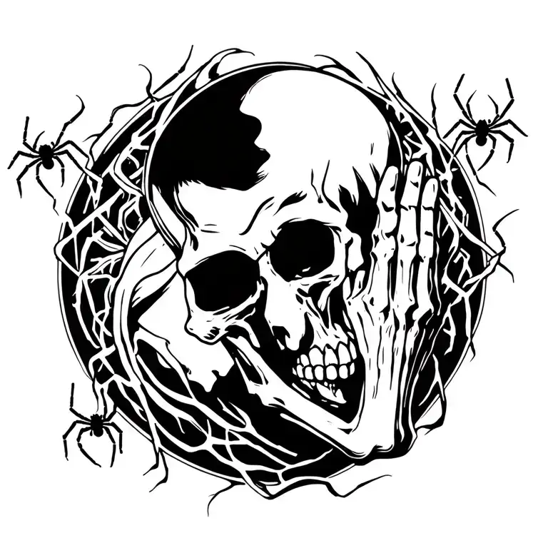 praying skeleton, with spiders around it, from the side tattoo design idea