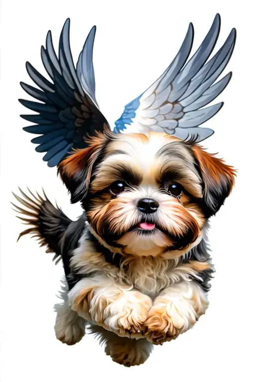 shih tzu dog flying with wings in motion tattoo design idea