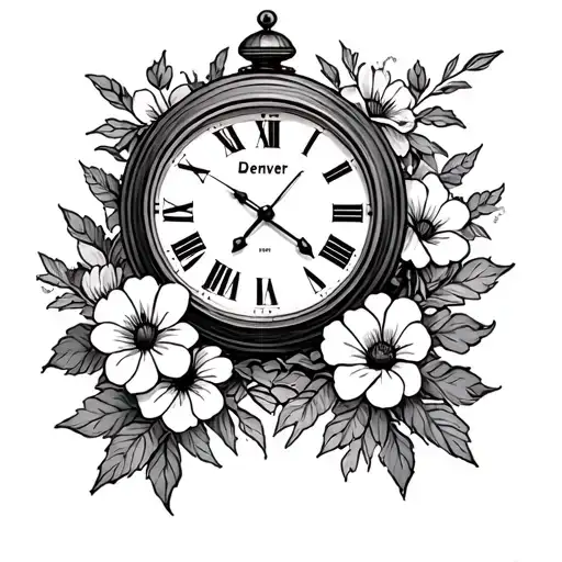 Denver with a old clock in the back with flowers wrapped around it with the time of 11:57 pm tattoo design idea