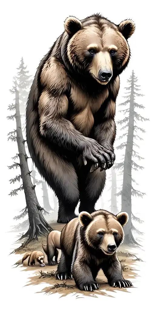 evil brown bear with one big cub and one small cub either side in the woods surrounded by trees tattoo design idea