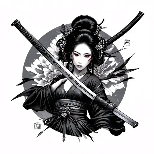 Cyberpunk geisha holding a katana tattoo design idea