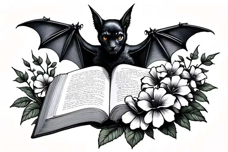 books,flowers bats flying overhead tattoo design idea
