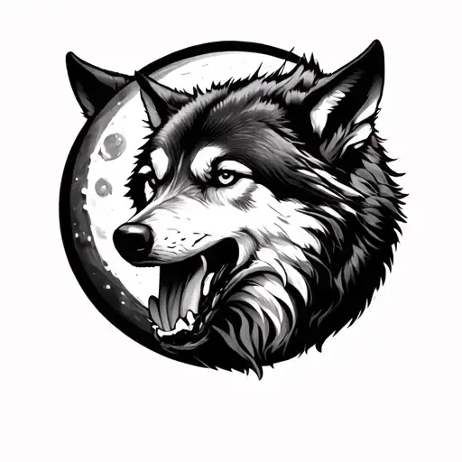 wolf biting moon tattoo design idea