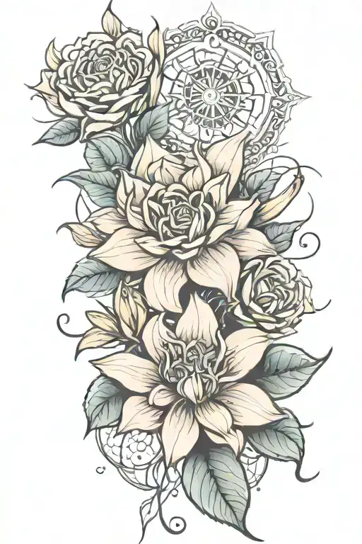 rose, spider lily and mandala tattoo design idea