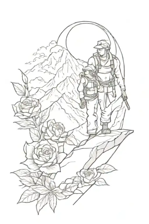 full sleeve tattoo of a mother and son climbing Mount Everest in the distance, surrounded by roses and a rising sun. tattoo design idea