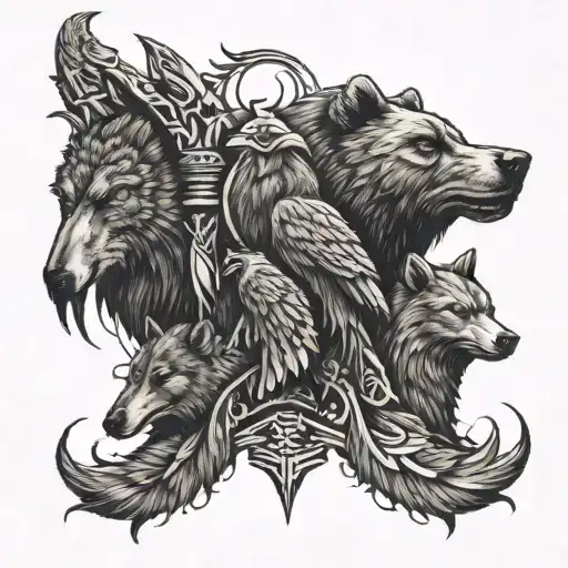 A totem pole made of a bear, moose, eagle, crane and wolf tattoo design idea