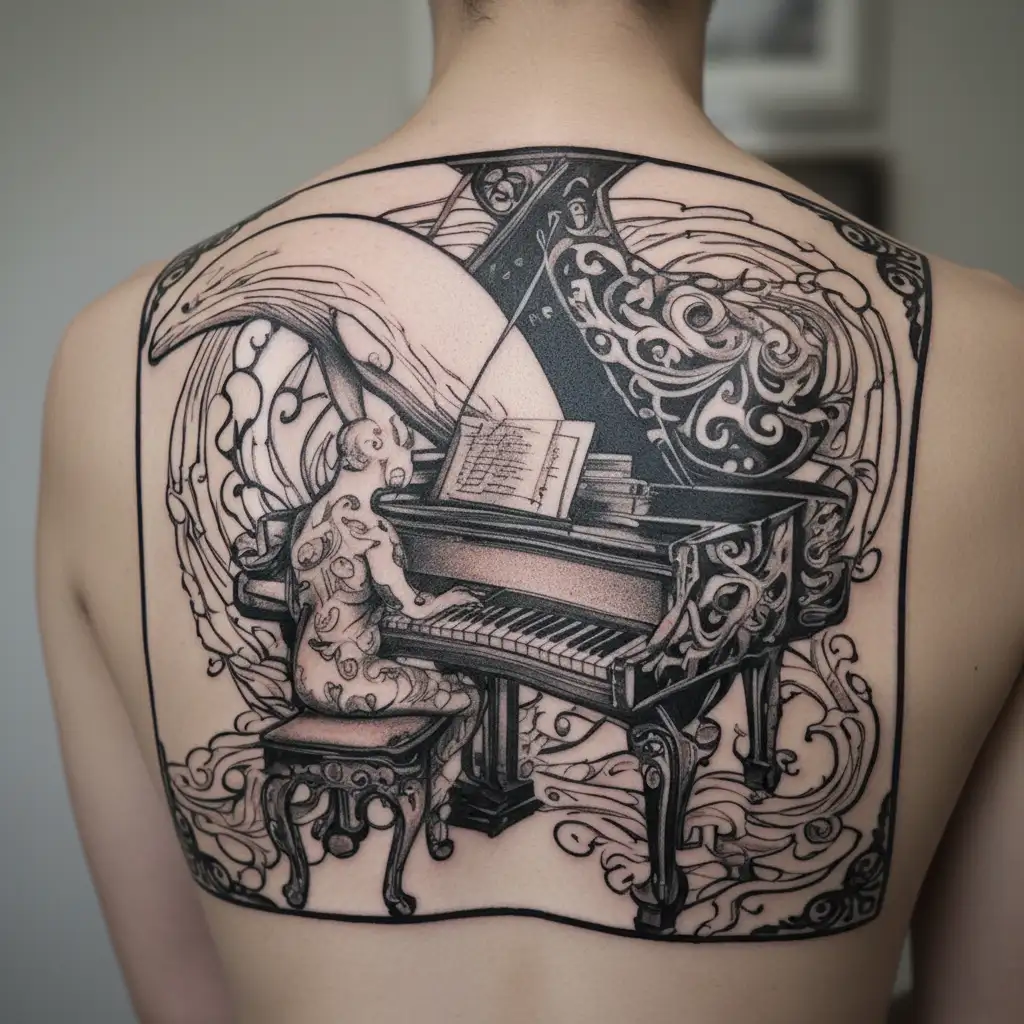 Beluga whale playing grand piano underwater tattoo design idea