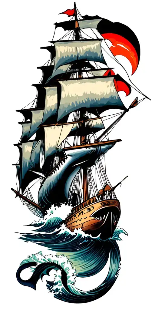 shark, angler fish, waves, kracken and masted ship tattoo design idea