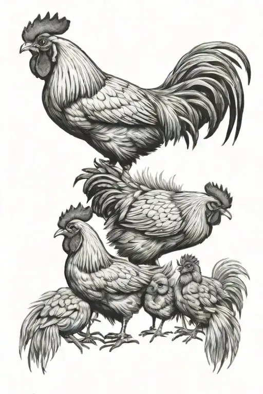 rooster hen and 4 chicks. tattoo design idea